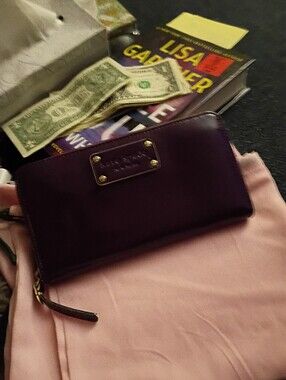kate spade deep plum zip-around wallet with gold plaque